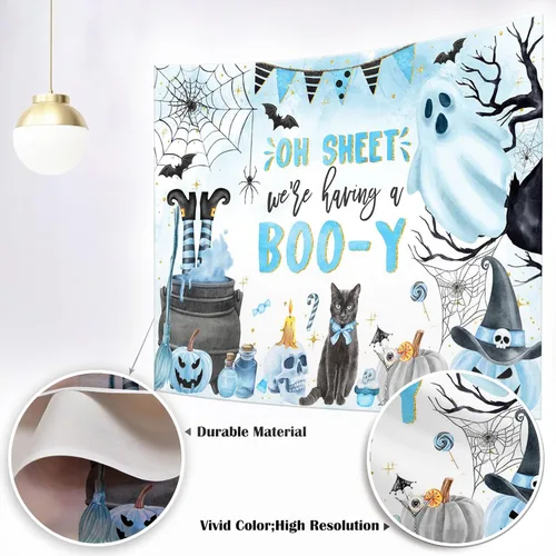 Vista 2 de Mocsicka Telón de fondo de Halloween para decoración de fiesta de baby shower de niño Boo-y, pancarta azul, bonita y espeluznante (8 x 6 pies)