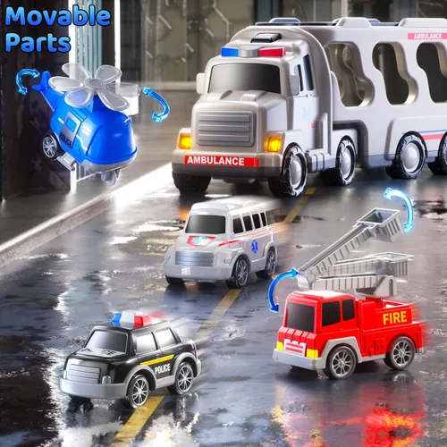 Vista 8 de Juego de Juguetes de Ambulancia para Niños Pequeños de 1-3 y 3-5 años, Juego de Camión Transportador con Coches de Juguete, Luz y Sonido, Juguetes