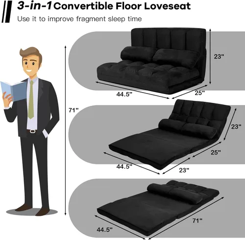 Vista 3 de KOMFOTT Sofá cama ajustable de suelo, sofá cama plegable con respaldo de 6 posiciones y 2 almohadas, futón convertible con funda de tela de gamuza
