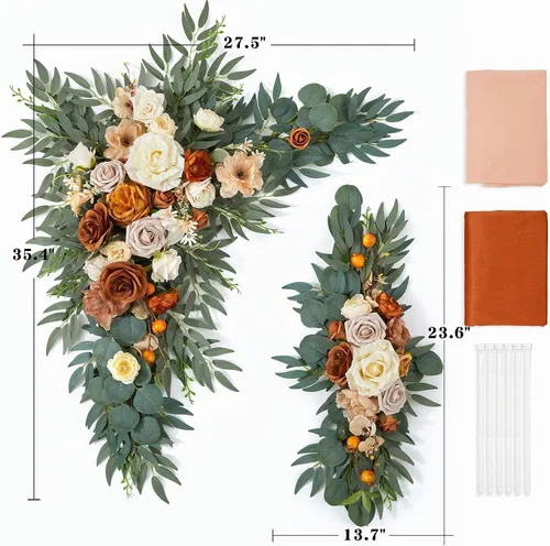 Vista 2 de Kit de flores para arco de boda con cortinas (paquete de 4) – 2 guirnaldas artificiales de terracota de lujo con 2 cortinas transparentes