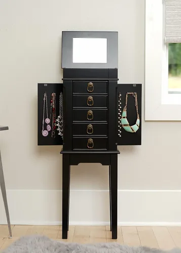 Vista 5 de Hives and Honey Kennedy Jewelry Armoire - Moderno organizador de almacenamiento de madera con ganchos para collares, 5 cajones y espejo de tocador