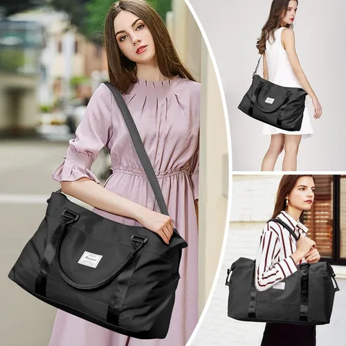 Vista 8 de Bolsas de lona de viaje, bolsa de fin de semana para mujer con bolsillo húmedo y bolsa de aseo personal, bolsa de viaje para gimnasio, Negro