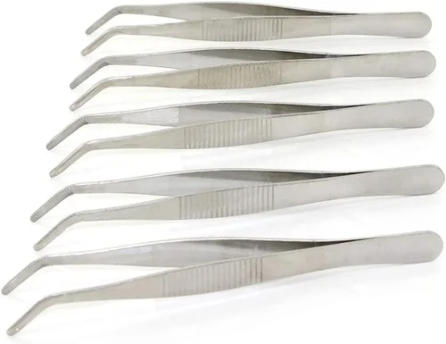 Vista 10 de Auniwaig Pinzas de acero inoxidable de 4.92 pulgadas de longitud con punta dentada curvada para reparación de manualidades, herramientas