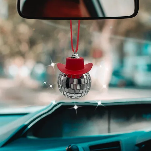 Vista 9 de Accesorio de Coche con Bola de Discoteca y Sombrero de Vaquero Negro, Adorno de Espejo, Accesorios Interiores