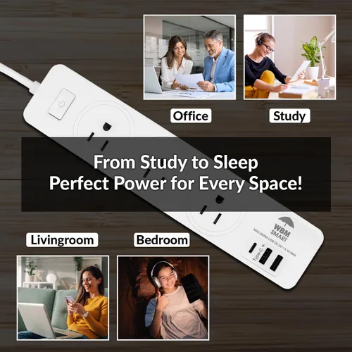 Vista 7 de WBM Smart Regleta de alimentación de 5.9 pies y 10 A, enchufe de cable de extensión con 2 puertos USB y 1 enchufe tipo C, certificado ETL, extensor