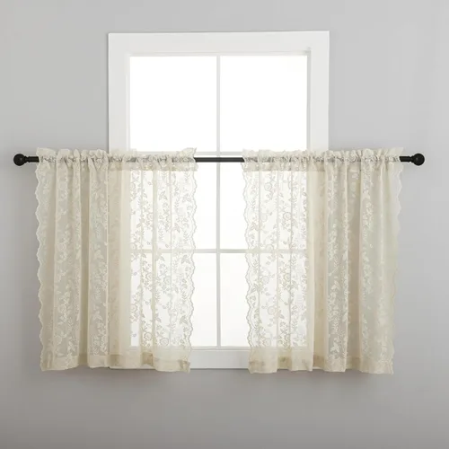 Vista 7 de FINECITY 2 paneles de cortinas de encaje beige de 36 pulgadas de largo con hojas florales rústicas, cortinas cortas y transparentes para ventana