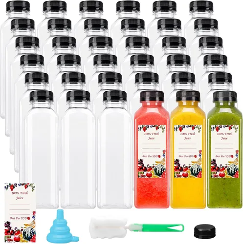 Vista 13 de SUPERLELE 20 botellas de plástico de 2 onzas con tapas, botellas de jengibre reutilizables, transparentes, a granel, para jugo, leche y otras bebidas