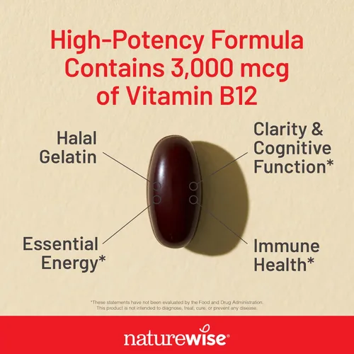 Vista 3 de NatureWise Vitamina B12 3000 mcg - Fuerza Extra - Suplemento para Apoyar los Niveles de Energía, Claridad Mental, Salud del Sistema Nervioso - Fácil