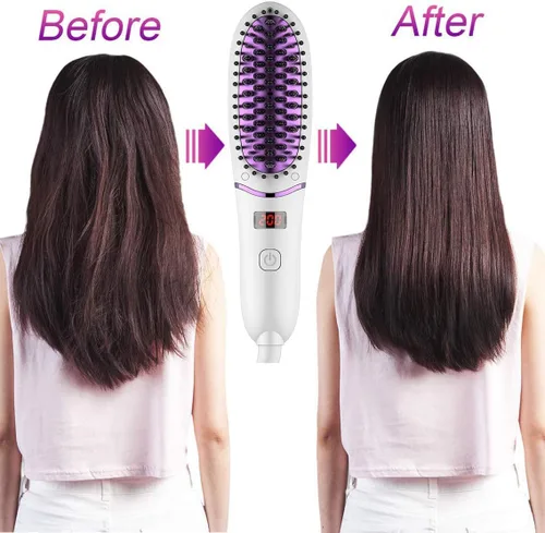 Vista 2 de Cepillo alisador de pelo de tamaño mini para mujer, peine eléctrico antiquemaduras alisador con pantalla LED, cepillo iónico portátil para viajes