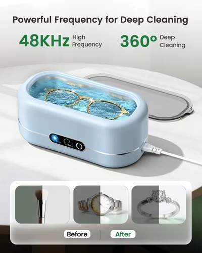 Vista 2 de Limpiador ultrasónico de joyas, limpiador de joyas mejorado Máquina ultraónica de 48 KHz para todas las joyas, anteojos, correa de relojes, Azul