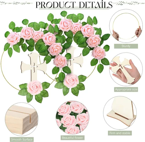 Vista 3 de LEIFIDE 40 piezas de decoración de primera comunión para bautismo, centros de mesa, decoración de la primera comunión con 8 anillos de aro florales