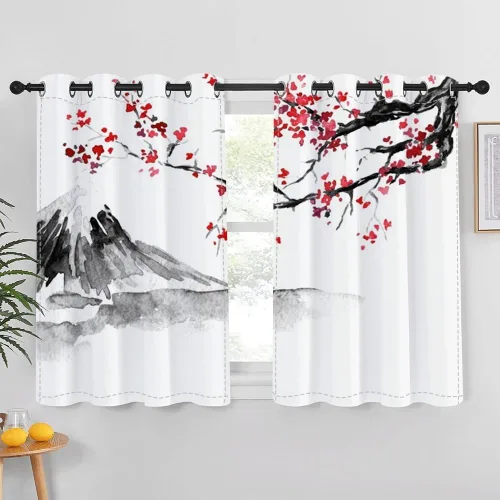 Vista 27 de Cortinas japonesas con pintura de tinta, monte Fuji, sol rojo, puesta de sol, hojas de bambú, cortinas de ventana para dormitorio, sala de estar