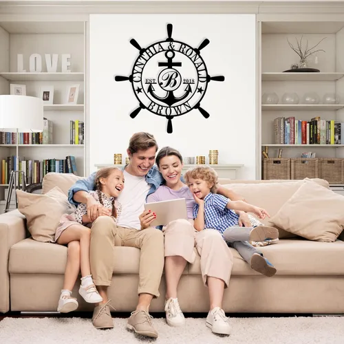Vista 2 de Letrero personalizado con nombre de familia, decoración de pared náutica, letrero de metal con brújula de ancla, letrero de monograma de letra