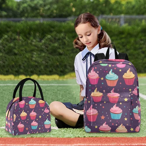 Vista 7 de Mochila de Halloween con diseño de calabaza y gato con lonchera, bolsas de libros de jardín de infantes para niños, Cupcakes en púrpura