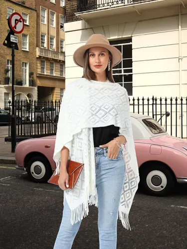 Vista 16 de Soul Young - Chal de punto para mujer, poncho con flecos y capa