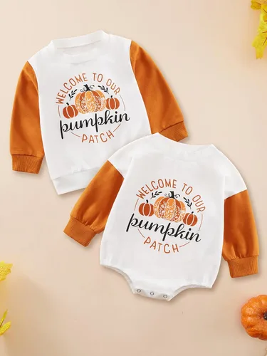 Vista 3 de ESHOO Mameluco de Halloween para bebés y niñas con cuello redondo, manga larga, sudadera de calabaza
