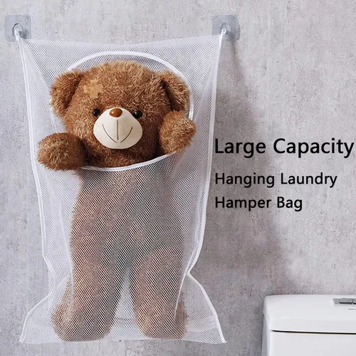 Vista 2 de Resdenio Bolsa de lavandería colgante, bolsa de lavandería portátil, 30 x 20 pulgadas, cesta grande plegable para colgar en la pared con 2 ganchos