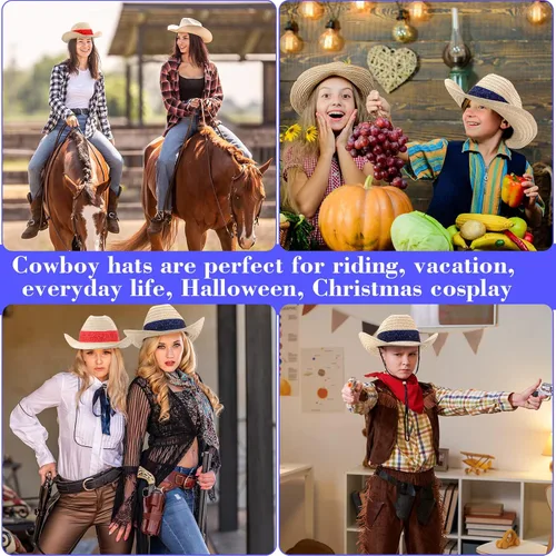 Vista 7 de Leumoi 12 sombreros de vaquero occidental con bandana roja, sombrero clásico de paja de vaquero para vaquero, roeo, fiesta temática, cosplay