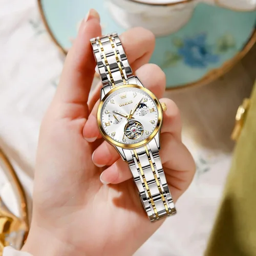 Vista 4 de OLEVS Reloj automático para mujer, de lujo, con cuerda automática, de diamante, de acero inoxidable, de fase lunar, impermeable, esfera azul luminosa