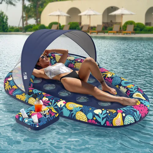 Vista 8 de Sunikko X Flotadores de piscina 3 en 1 con soporte para toldo, flotadores grandes de 73 x 48 pulgadas para adultos, resistente, tumbona inflable