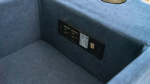 Vista 7 de Sunset Trading Pixie - Sofá modular de 4 piezas Salidas de consola con altavoz Bluetooth, almacenamiento USB, portavasos de tela azul