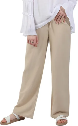 Vista 5 de utcoco Pantalones de algodón y lino con cordón de cintura alta para mujer, estilo casual, ajuste holgado, pierna ancha