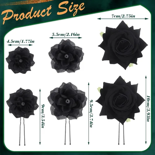 Vista 3 de BBTO 12 pinzas para el pelo de rosas, accesorios mexicanos para bailarinas de flamenco, mujeres, flores mexicanas, clips de flores para novia, Negro