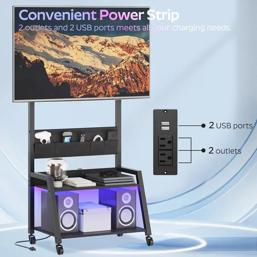 Vista 4 de YATINEY Soporte de TV móvil con toma de corriente, soporte de TV móvil con luz LED de hasta 55 pulgadas, carrito de TV con soporte, 5 bolsas de tela