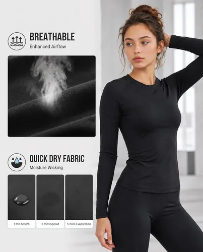 Vista 5 de Paquete de 4 camisetas de compresión para mujer, de manga larga, para Manga larga-2 negro+2 blanco