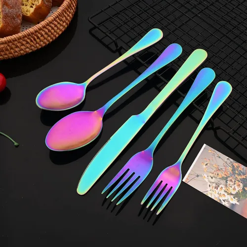 Vista 7 de JASHII Juego de cubiertos de 20 piezas con acabado satinado, servicio para 4, juego de cubiertos de titanio, juego de utensilios de arcoíris mate
