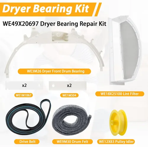 Vista 3 de WE49X20697 Kit de reparación y mantenimiento de secadoras para Contiene filtro de pelusa WE18X25100, kit de rodamientos de secadora WE3M26