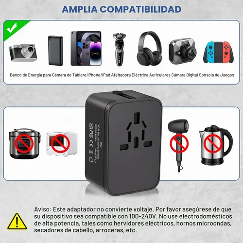 Vista 4 de Adaptador de enchufe de viaje con 2 USB A+1 USB C, adaptador de viaje universal todo en uno, convertidores de corriente, cargador de pared