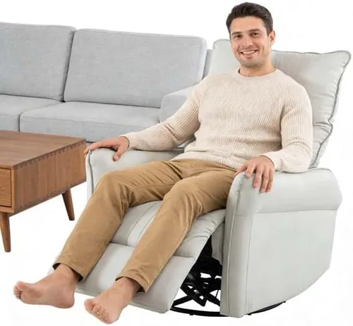 Vista 4 de Mecedora reclinable giratoria eléctrica, silla de estar eléctrica con carga USB, piel sintética para sala de estar (gris claro)
