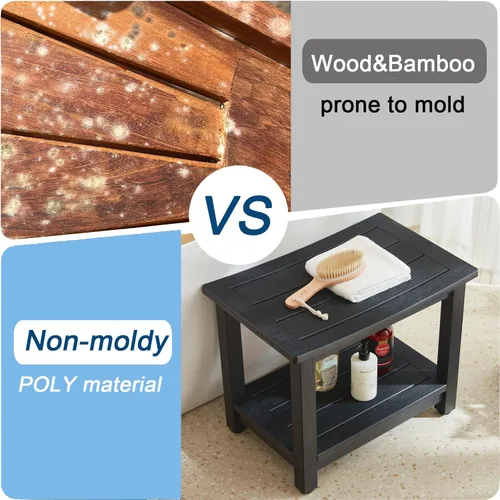 Vista 5 de KaimuBench Asiento de ducha HDPS resistente, taburete de ducha impermeable para afeitarse piernas, asiento grande de madera de polietileno con pies