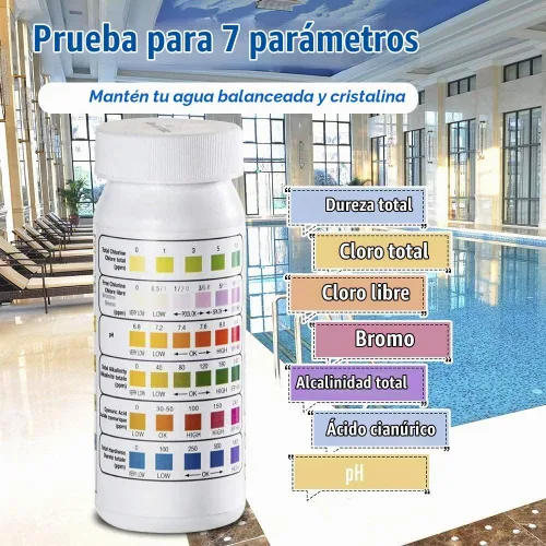 Vista 2 de SuperCheck Tiras de prueba de spa de 6 vías para bañera de hidromasaje, 7 parámetros, 50 unidades, tiras de prueba para bañera de hidromasaje
