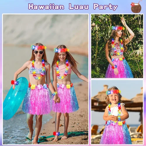 Vista 6 de Fortuning's JDS Conjunto de falda elástica hawaiana de hierba de bailarina hula con flores para niña