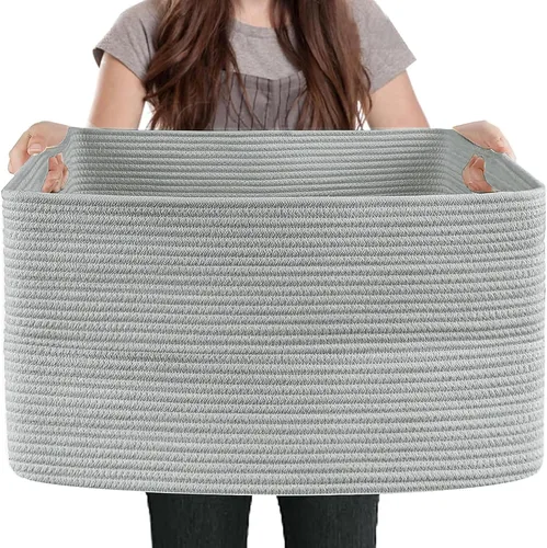 Vista 17 de MEGASKET Cesta extra grande para mantas, 23.6 x 17 x 12 pulgadas, almacenamiento de manta negra para sala de estar, soporte de almohada de cuerda