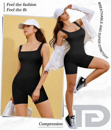 Vista 4 de TrainingGirl Mameluco de yoga para mujer, overol atlético acanalado, sin costuras, de una pieza, cuello cuadrado, camiseta sin mangas, para hacer