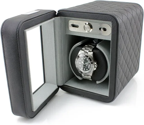 Vista 4 de Heiden Monaco - Bobinadora de reloj individual, cuero negro, funciona con pilas o adaptador de CA, 12 ajustes de programa, cuero vegano cosido