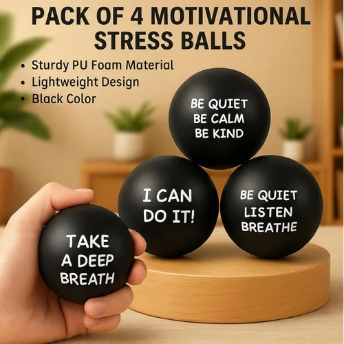 Vista 4 de Ceenna 4 bolas motivacionales para el estrés para adultos, bolas de alivio del estrés de 2.5 pulgadas con citas inspiradoras para fomentar la Negro