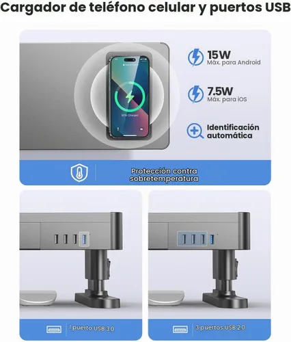 Vista 3 de meatanty Soporte de Monitor Doble con 4 Alturas Ajustables, Almohadilla de Carga Automática para Teléfono, 4 Puertos USB, Elevador de Computadora