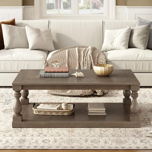 Vista 10 de P PURLOVE Mesa de centro de madera maciza, moderna mesa de centro de granja con rectángulo de almacenamiento para sala de estar, color negro
