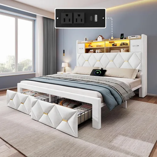 Vista 11 de YITAHOME Cama tapizada de terciopelo blanco tamaño King con carga