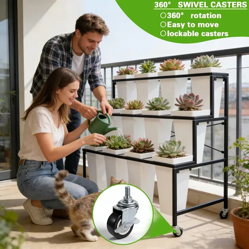 Vista 4 de Soporte de exhibición de flores de metal de 3 niveles, carrito móvil resistente para plantas de flores con 12 cubos y ruedas con cerradura, estante