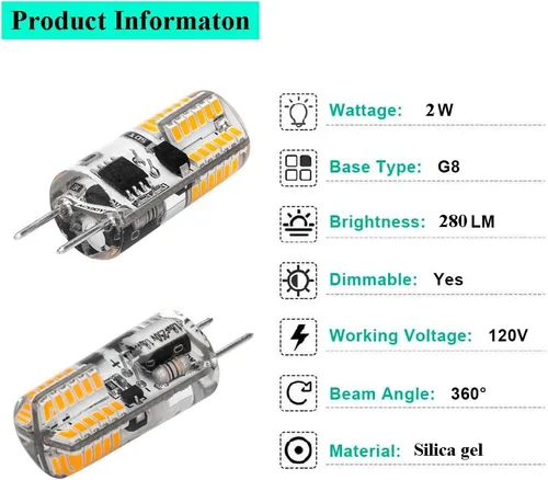 Vista 3 de Bombilla LED G8 regulable de 2 W, color blanco cálido, bombillas halógenas equivalentes a base bi-pin de 120 V, T4 JCD, repuesto de iluminación