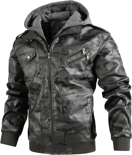Vista 3 de Maiyifu-GJ Chaqueta de cuero sintético de camuflaje para hombre, chaqueta de moto cálida con capucha extraíble de poliuretano para motocicleta, Azul