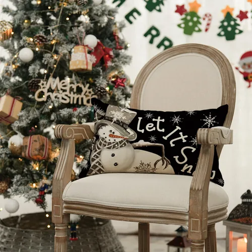 Vista 3 de AVOIN colorlife Funda de almohada de Navidad de invierno, diseño de lunares, muñeco de nieve I Smell, color negro nieve, 12 x 20 pulgadas