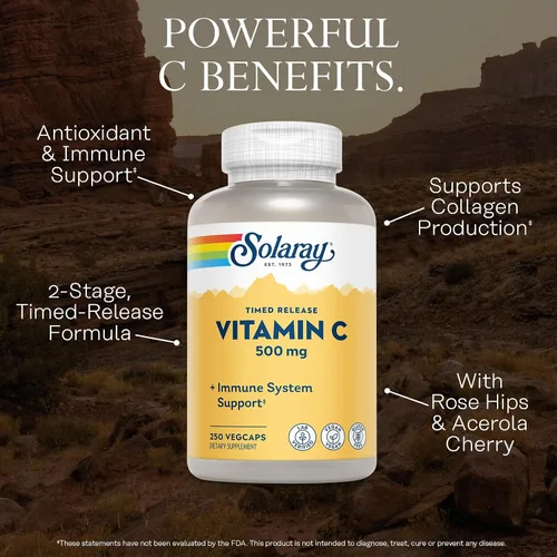 Vista 3 de SOLARAY Vitamina C con escaramujos y acerola 500 mg Función inmunológica saludable de liberación temporal, apoyo para la piel, el cabello