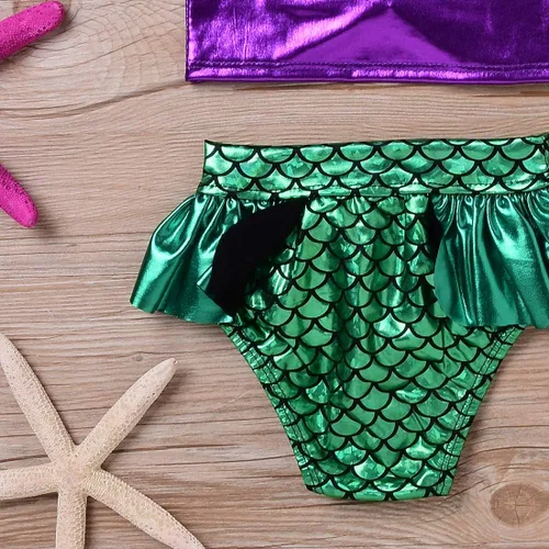 Vista 9 de Traje de baño de sirena para niños pequeños, conjunto de bikini con diadema, conjunto de 3 piezas