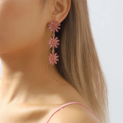 Vista 3 de Aretes largos de cristal con diseño de girasol para mujeres y niñas, chapados en oro, diamantes de imitación coloridos blancos y azul fucsia, piedra